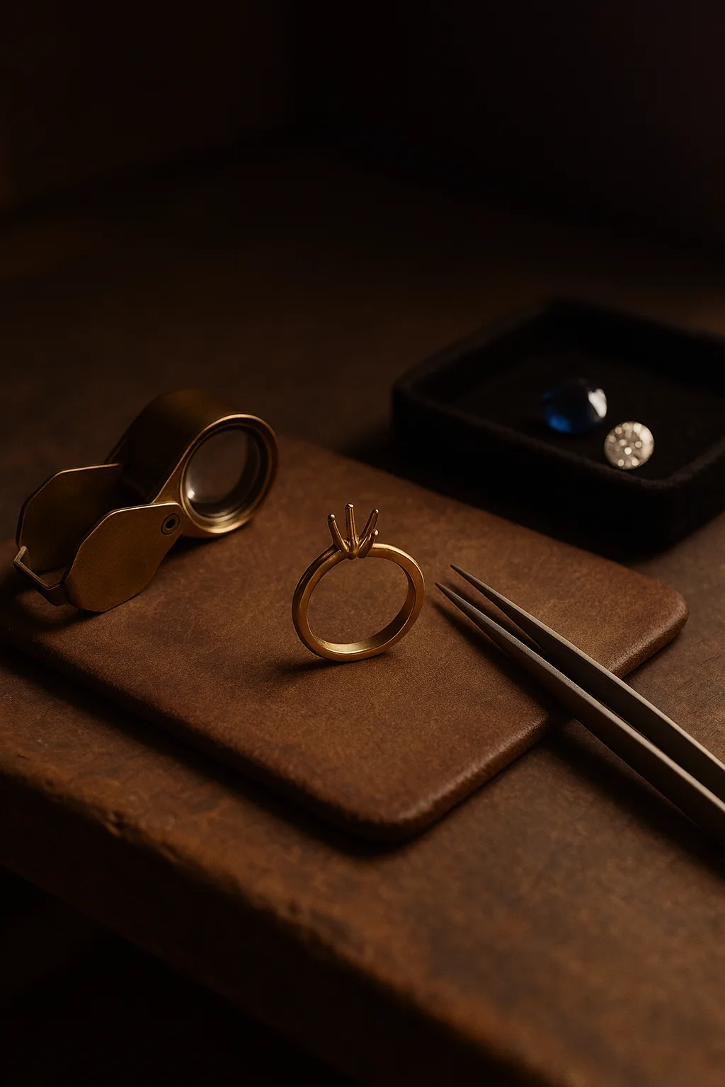 A partially-set champagne-gold ring on a small leather mat with a brass jeweller's loupe, precision tweezers and a velvet tray holding a sapphire and a diamond ready to be set.