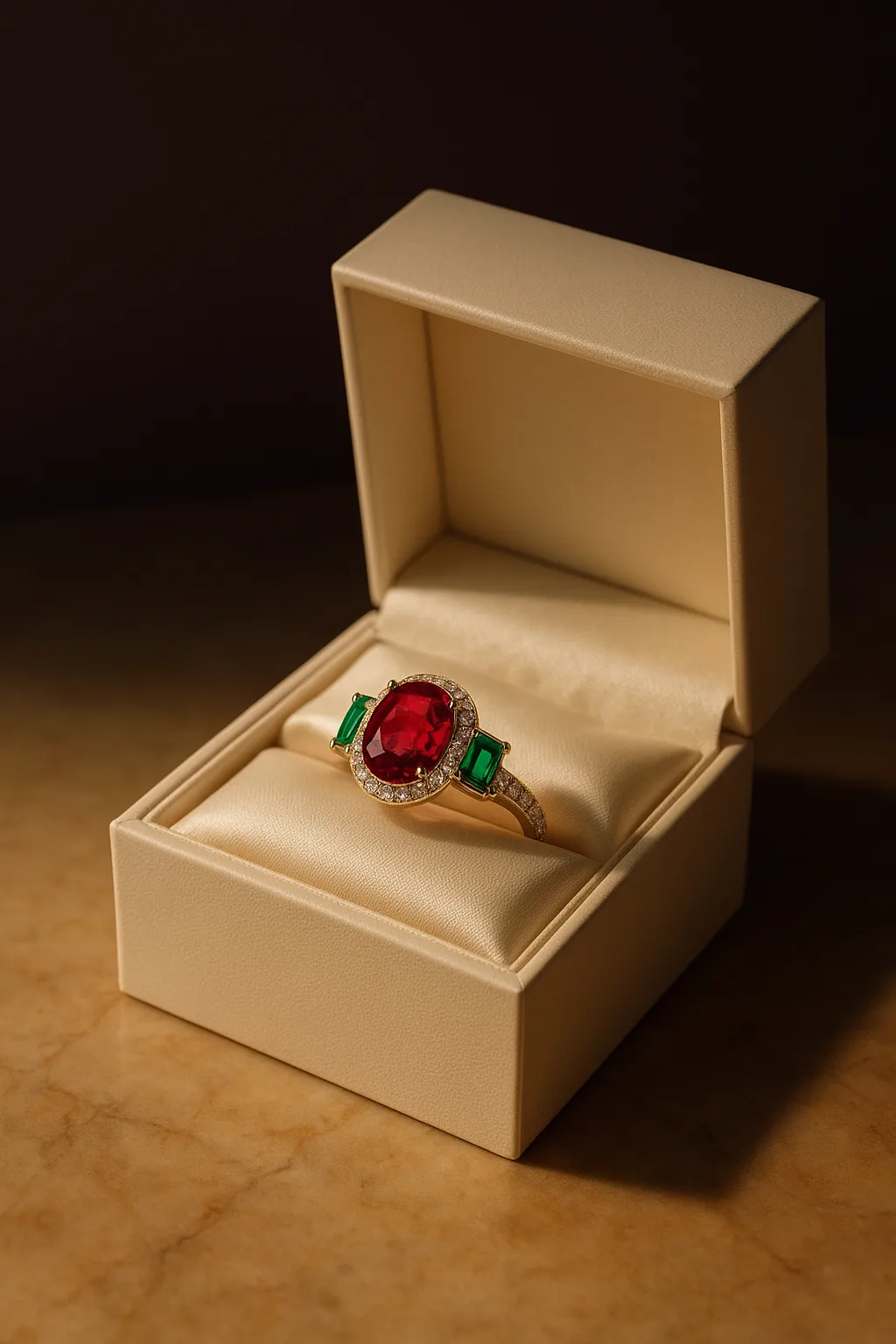 A finished bespoke champagne-gold ring with a vivid red ruby centre, two green emerald-cut emerald shoulder stones and a micro-pavé diamond halo, resting on cream silk inside an open presentation box on a warm marble surface.