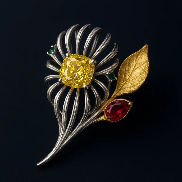 Ribbed Foliate 1.40ct Buttercup Diamond Brooch in Platinum and Yellow Gold
