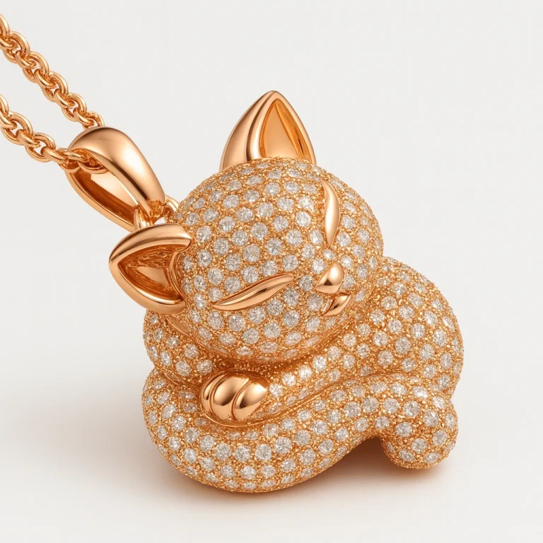 Curled Cat Pendant in 18ct Rose Gold with Pavé Diamonds