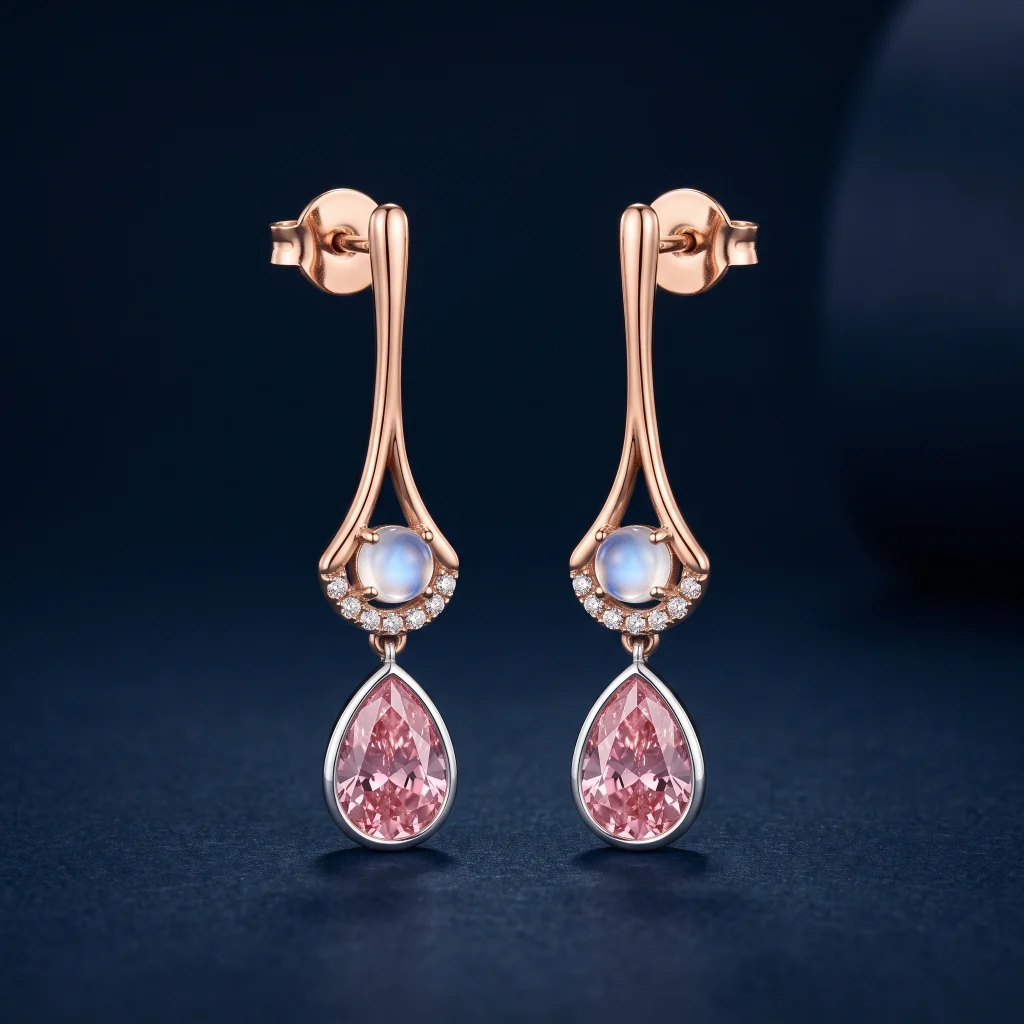 Blush-pink pear lab diamond drop earrings in rose gold with moonstone and pavé diamond crescent
