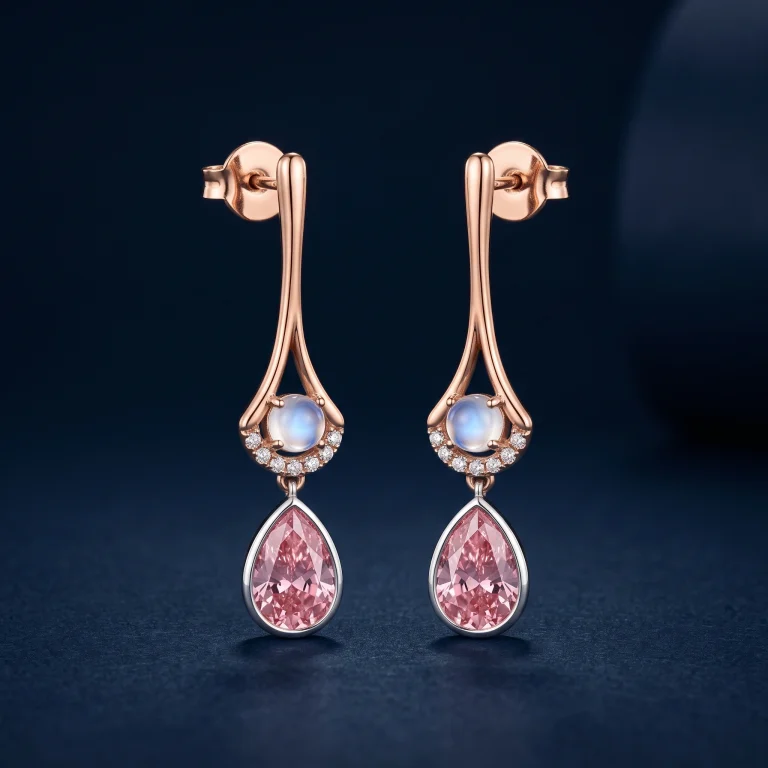 Blush-pink pear lab diamond drop earrings in rose gold with moonstone and pavé diamond crescent