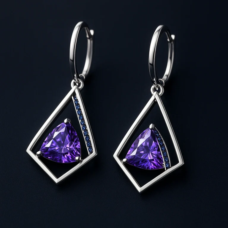 Architectural platinum drop earrings with trillion violet lab-grown diamond and sapphire pavé