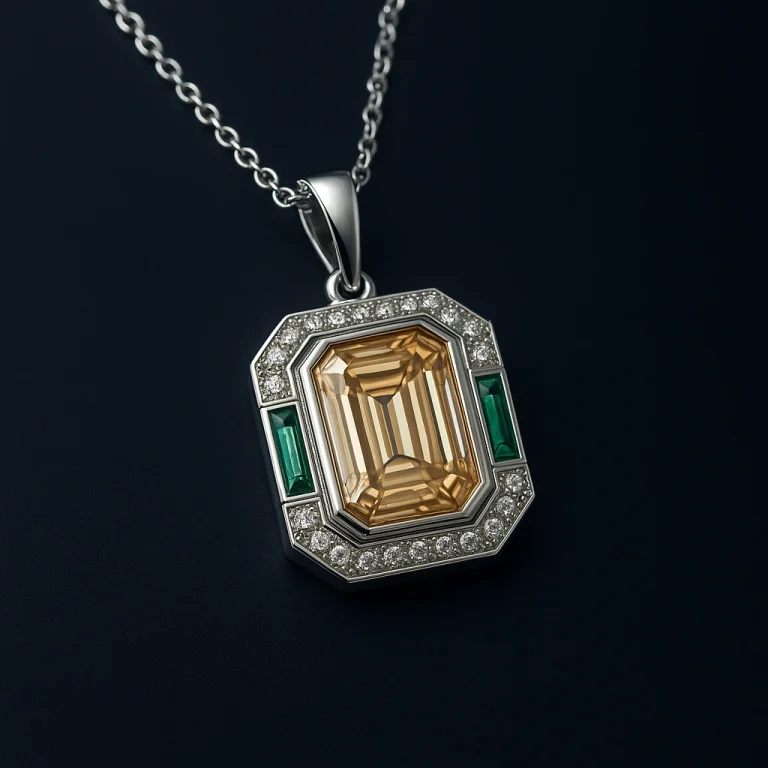 Art Deco pendant necklace in 18ct white gold and platinum with emerald-cut champagne lab-grown diamond and baguette tsavorites