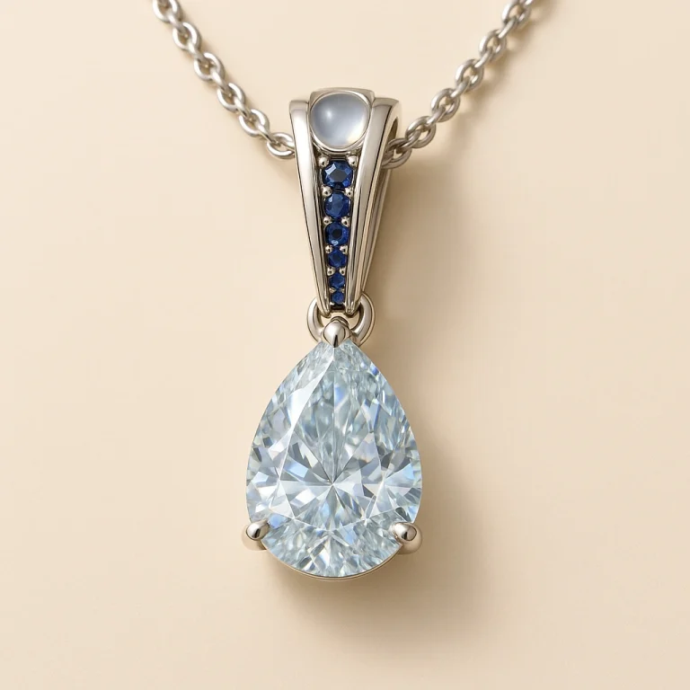 Platinum bridal pendant with pear-cut lab-grown diamond, blue sapphire accents, and recessed moonstone