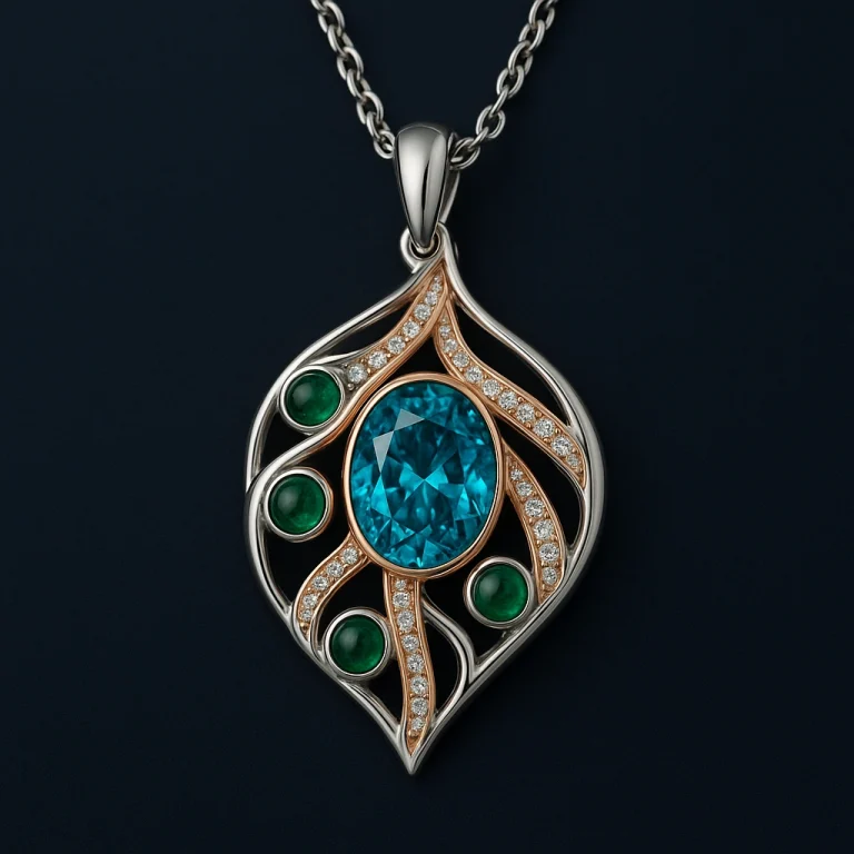 platinum and rose gold leaf-form pendant with teal-blue oval diamond and deep green tsavorites