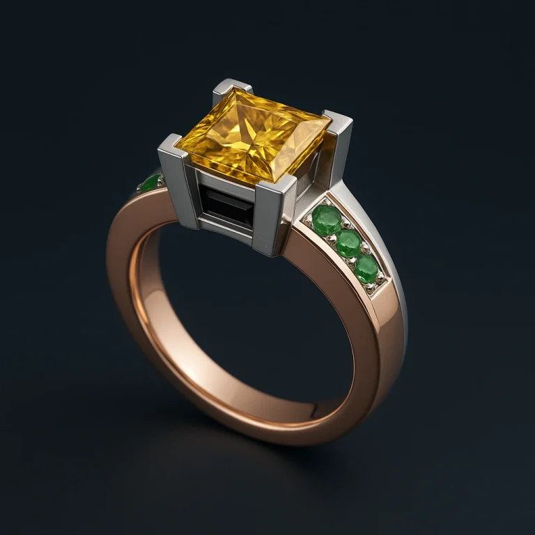 platinum and rose gold cocktail ring with golden-yellow princess diamond, tsavorites, and hidden onyx