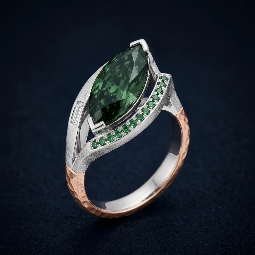 Architectural platinum and rose gold cocktail ring with vivid green marquise diamond, tsavorite accents, and hidden baguette diamonds