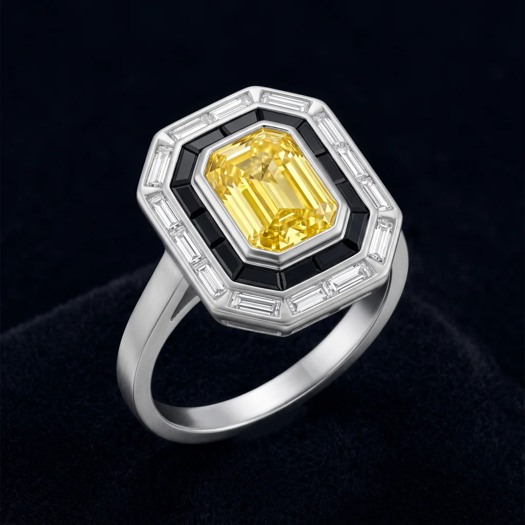 matte platinum Art Deco cocktail ring with emerald-cut yellow diamond, black spinel, and white diamond baguette halo