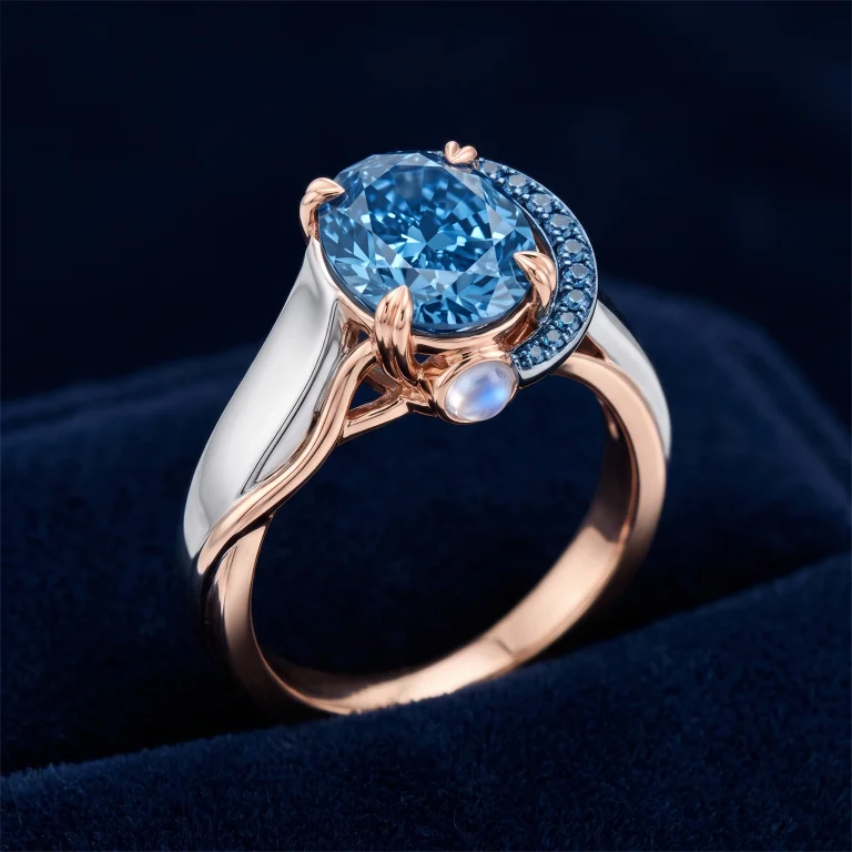 Platinum and rose gold cocktail ring with cerulean-blue oval diamond, sapphire pavé, and hidden moonstone