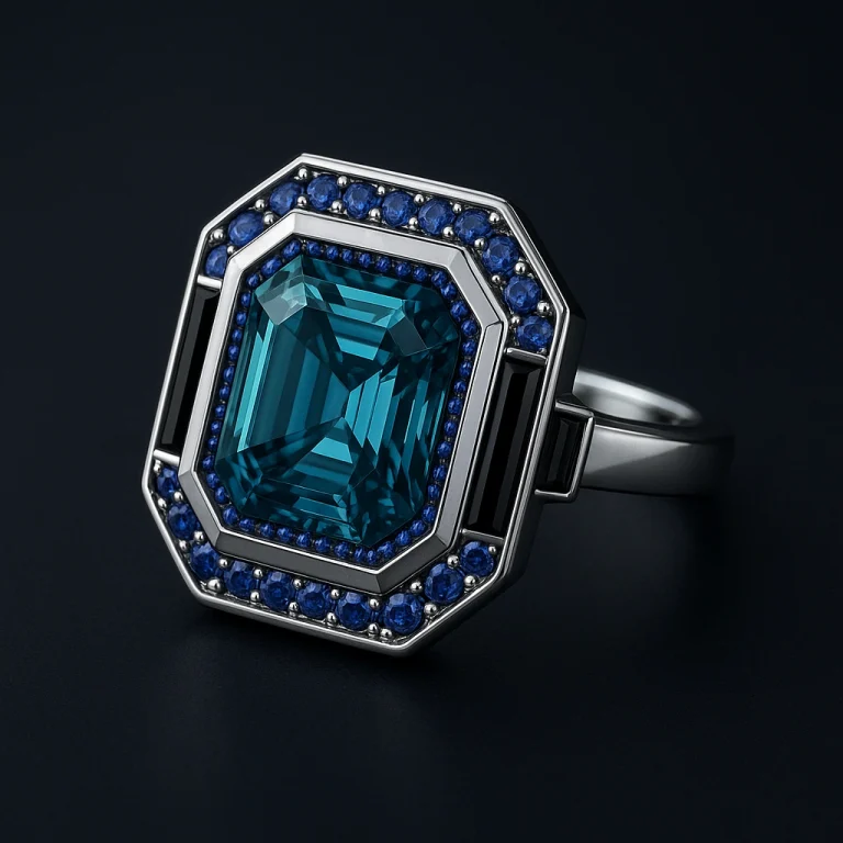 Art Deco platinum cocktail ring with teal Asscher diamond, sapphire micro-halo, and onyx baguette accents
