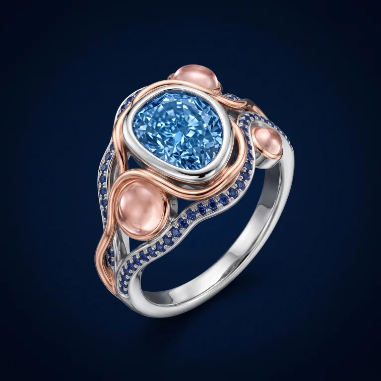 platinum cocktail ring with freeform electric-blue diamond, rose gold tendrils, morganite cabochons, and pavé sapphires