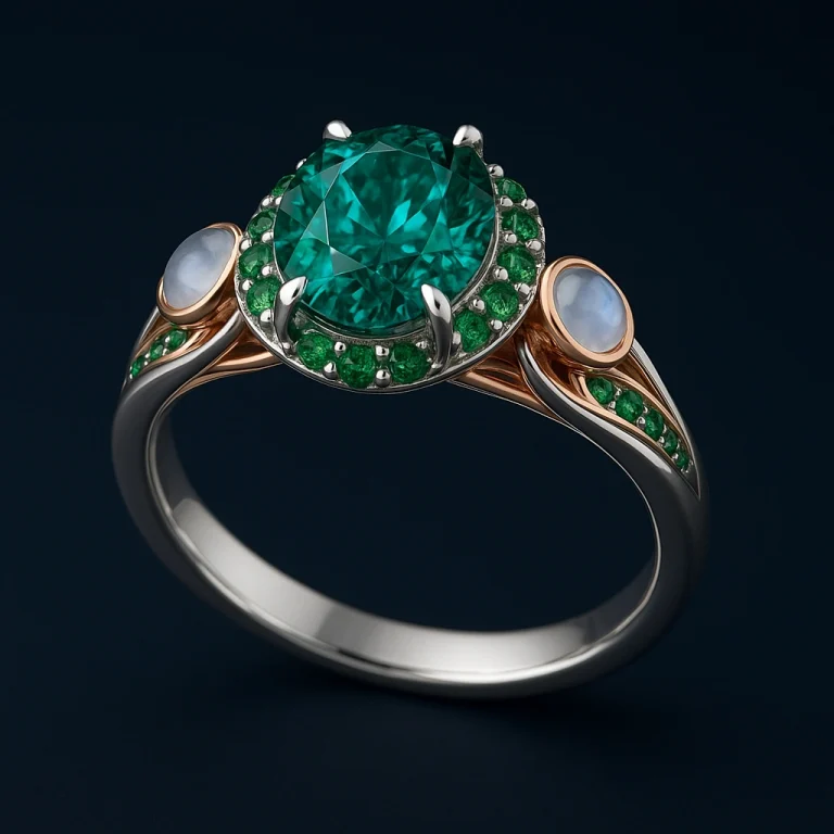 platinum and rose gold engagement ring with teal-jade oval diamond, moonstone, and tsavorite accents