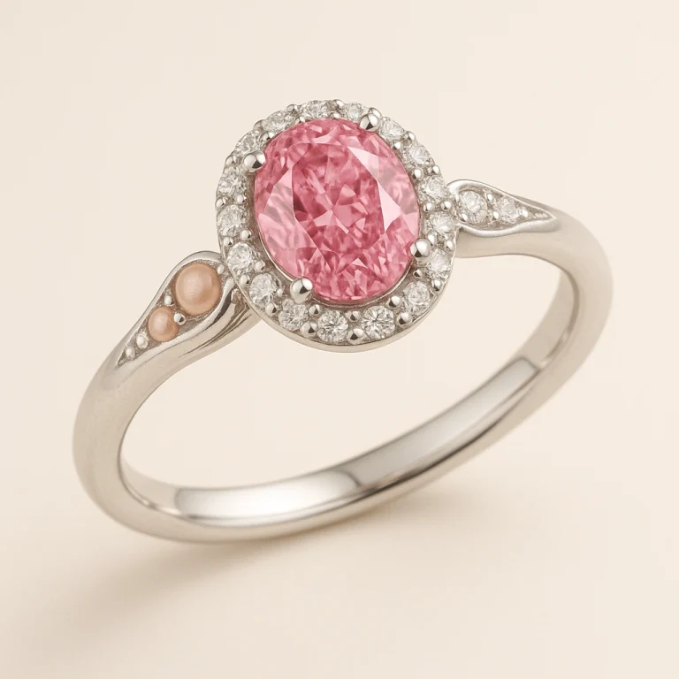 platinum engagement ring with oval pink diamond and cascading morganite beads