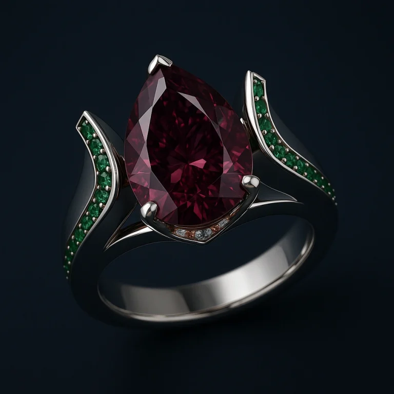Platinum cocktail ring with vivid violet-burgundy pear diamond, tsavorite accents, and rose gold hidden diamond detail