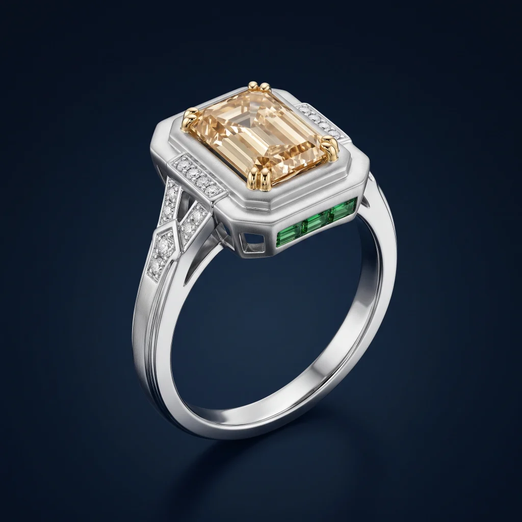 Art Deco platinum and yellow gold cocktail ring with emerald cut champagne-gold diamond and hidden tsavorite gallery