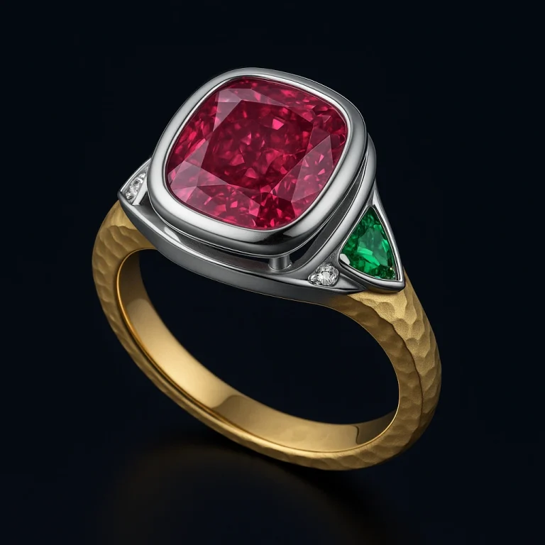 Architectural platinum and yellow gold cocktail ring with raspberry-pink cushion diamond and green tsavorites