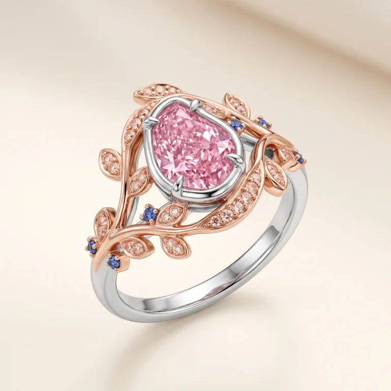 Platinum and rose gold cocktail ring with freeform vivid fancy pink lab-grown diamond, morganite beads, and sapphire accents