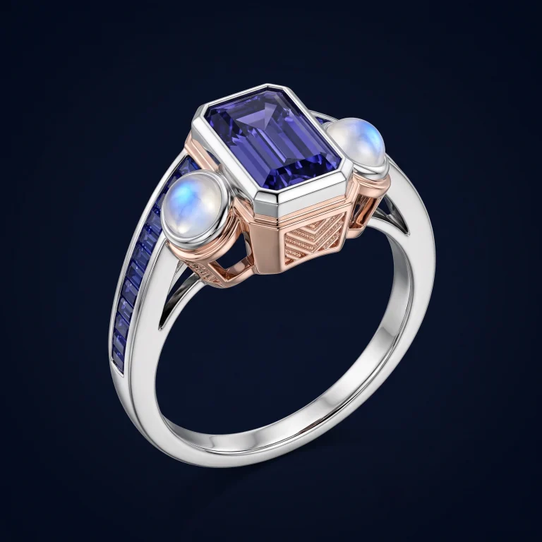 Art Deco cocktail ring in platinum and rose gold with indigo-violet baguette diamond, sapphire accents, and moonstone cabochons