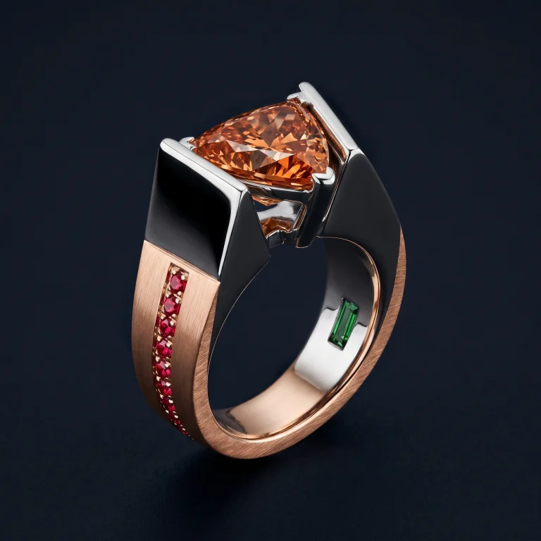 Architectural platinum and rose gold cocktail ring with copper-amber trillion diamond, pavé red spinel, and hidden tsavorite baguettes