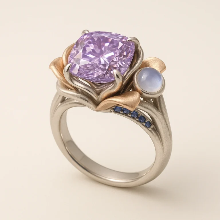 Platinum and rose gold cocktail ring with cushion-cut lavender lab-grown diamond, blue-white moonstones, and sapphire accents