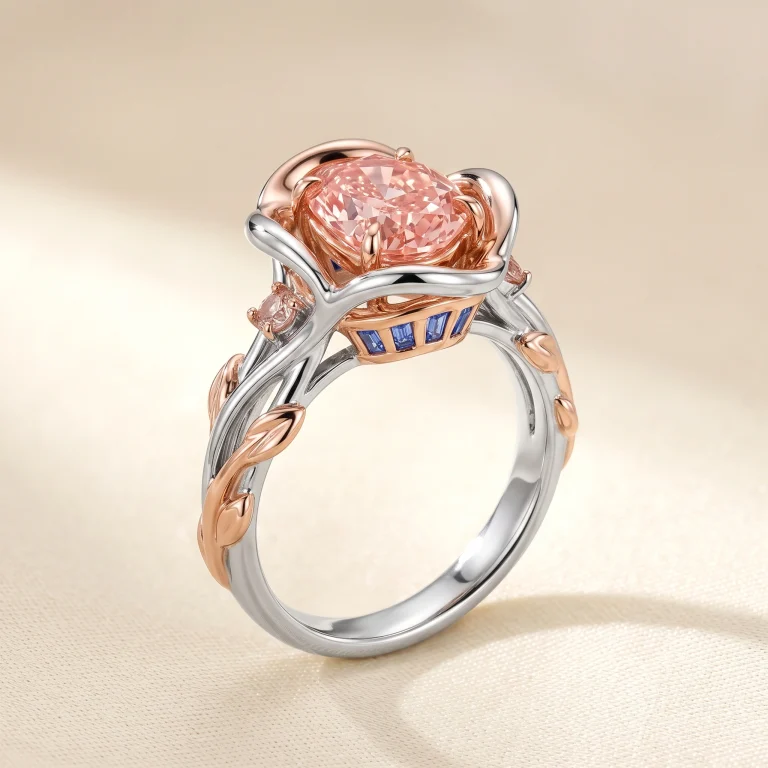 Platinum and rose gold cocktail ring with peach-pink freeform diamond and hidden blue sapphire baguettes