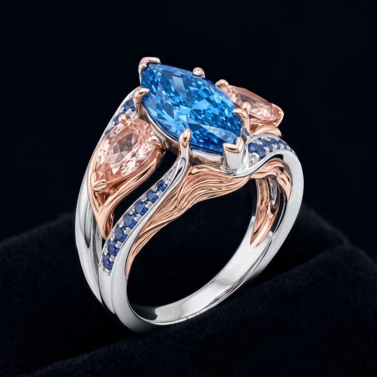 platinum and rose gold cocktail ring with electric-blue marquise diamond, pear morganites and sapphire pavé