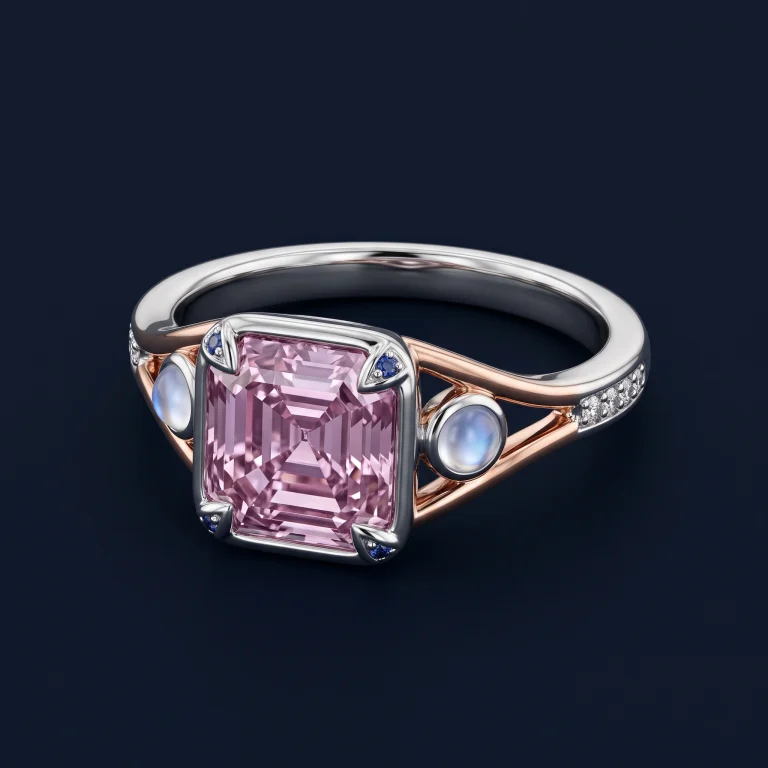 Platinum and rose gold engagement ring with rose-lilac Asscher-cut diamond, sapphire-tipped claws, and hidden moonstone gallery