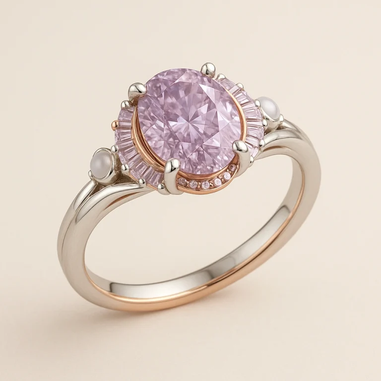 Platinum and rose gold engagement ring with oval lavender-pink diamond, moonstone accents, and blush-lilac sapphire crescent halo