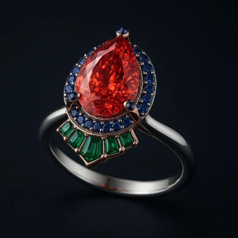 Platinum and rose gold cocktail ring with a coral-red pear diamond, sapphire cabochons, and baguette tsavorites