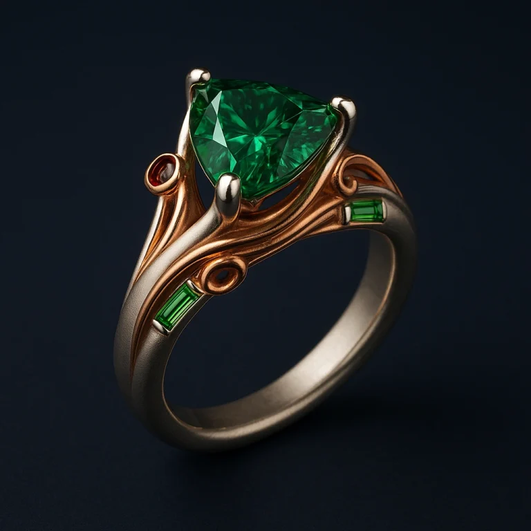 Platinum and rose gold cocktail ring with trillion forest-green diamond, tsavorite, and garnet