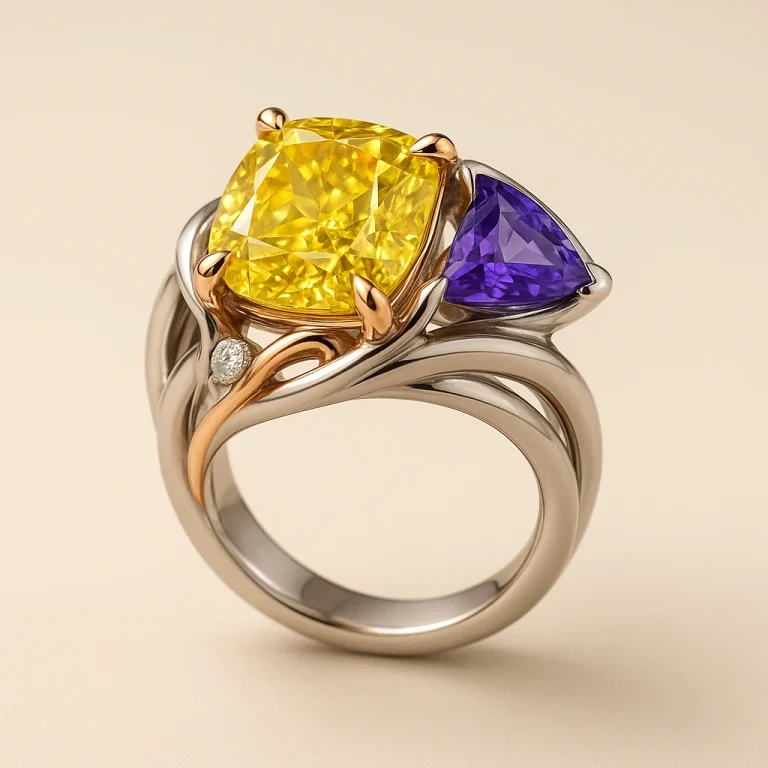 Sculptural platinum and rose gold cocktail ring with cushion yellow lab-grown diamond and violet sapphire
