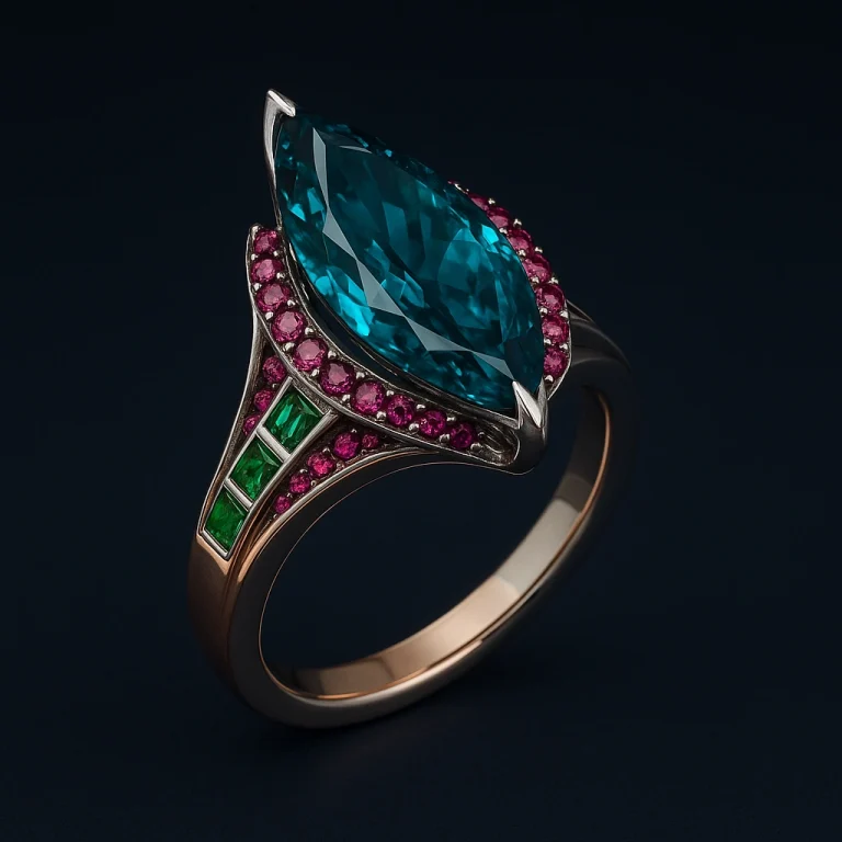 Sculptural platinum and rose gold cocktail ring with marquise teal-blue lab-grown diamond, tsavorite baguettes, and magenta spinel pavé
