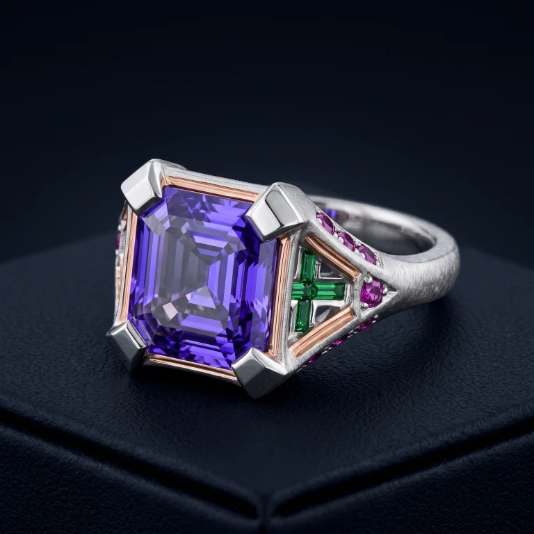 Architectural platinum and rose gold ring with electric-violet Asscher-cut lab-grown diamond and hidden tsavorite baguettes