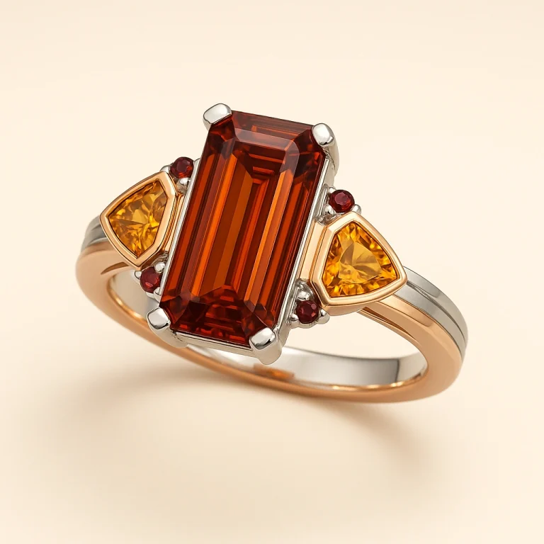 Art Deco cocktail ring in platinum and rose gold with baguette copper-amber diamond and trillion citrines