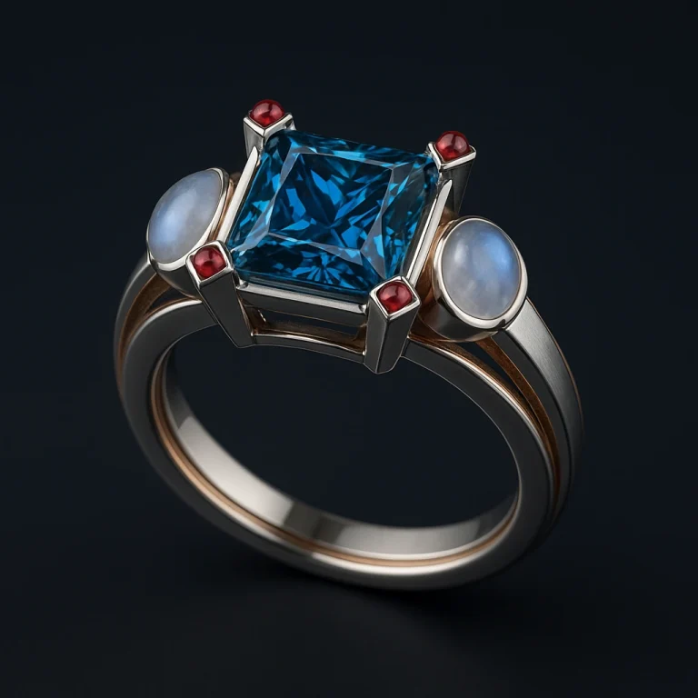 Architectural platinum and rose gold cocktail ring with princess-cut cerulean-blue diamond, moonstone cabochons, and spinel accents